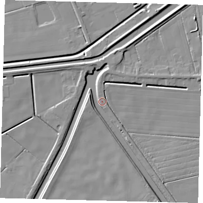Shaded relief map of the ground around PE113JE, computed from Environment Agency LiDAR. The ground here sits at about 2 m above sea level and falls 5 m across the surrounding 800 m. Surface water reaching this point runs off ground lying to the north-north-east, 5.3 m higher.