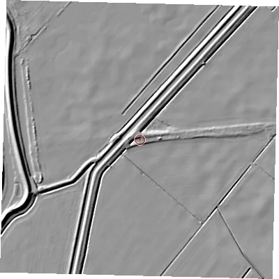 Shaded relief map of the ground around PE113JH, computed from Environment Agency LiDAR. The ground here sits at about 2 m above sea level and falls 7 m across the surrounding 800 m. Surface water reaching this point runs off ground lying to the west, 3.7 m higher.
