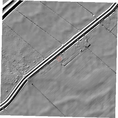 Shaded relief map of the ground around PE113JJ, computed from Environment Agency LiDAR. The ground here sits at about 2 m above sea level and falls 7 m across the surrounding 800 m. Surface water reaching this point runs off ground lying to the west-south-west, 3.3 m higher.