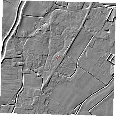 Shaded relief map of the ground around PE113JS, computed from Environment Agency LiDAR. The ground here sits at about 4 m above sea level and falls 4 m across the surrounding 800 m. The ground contributing surface water to this point lies to the east-north-east.