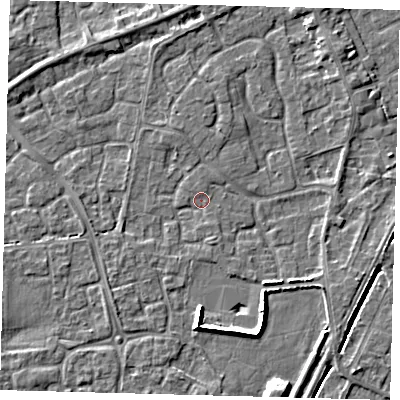 Shaded relief map of the ground around PE113LA, computed from Environment Agency LiDAR. The ground here sits at about 3 m above sea level and falls 6 m across the surrounding 800 m. Surface water reaching this point runs off ground lying to the south-east, 2.6 m higher.