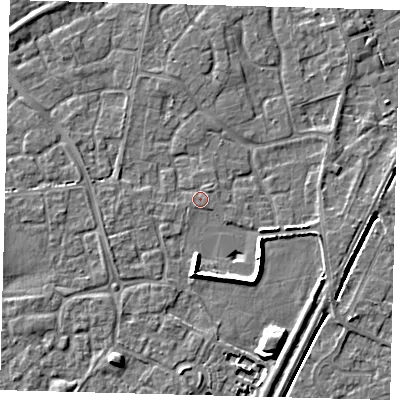 Shaded relief map of the ground around PE113LB, computed from Environment Agency LiDAR. The ground here sits at about 3 m above sea level and falls 6 m across the surrounding 800 m. Surface water reaching this point runs off ground lying to the south-south-east, 5.5 m higher.