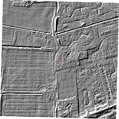 Shaded relief map of the ground around PE113LH, computed from Environment Agency LiDAR. The ground here sits at about 3 m above sea level and falls 4 m across the surrounding 800 m. The ground contributing surface water to this point lies to the south-south-east.