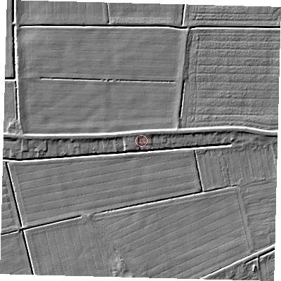 Shaded relief map of the ground around PE113LJ, computed from Environment Agency LiDAR. The ground here sits at about 3 m above sea level and falls 4 m across the surrounding 800 m. Surface water reaching this point runs off ground lying to the north-west, 1.3 m higher.