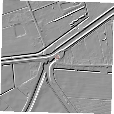 Shaded relief map of the ground around PE113LN, computed from Environment Agency LiDAR. The ground here sits at about 4 m above sea level and falls 5 m across the surrounding 800 m. Surface water reaching this point runs off ground lying to the north-east, 5.2 m higher.