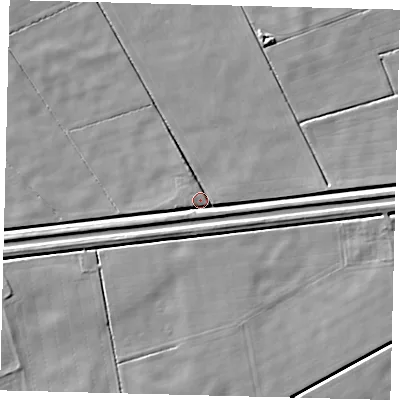 Shaded relief map of the ground around PE113LS, computed from Environment Agency LiDAR. The ground here sits at about 2 m above sea level and falls 4 m across the surrounding 800 m. Surface water reaching this point runs off ground lying to the west, 3.2 m higher.