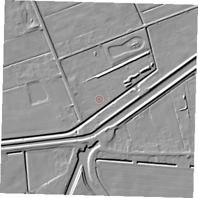 Shaded relief map of the ground around PE113LX, computed from Environment Agency LiDAR. The ground here sits at about 2 m above sea level and falls 5 m across the surrounding 800 m. Surface water reaching this point runs off ground lying to the south, 0.8 m higher.
