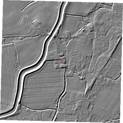 Shaded relief map of the ground around PE113NS, computed from Environment Agency LiDAR. The ground here sits at about 4 m above sea level and falls 3 m across the surrounding 800 m. Surface water reaching this point runs off ground lying to the south, 1.5 m higher.