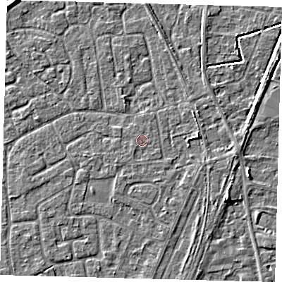 Shaded relief map of the ground around PE113NZ, computed from Environment Agency LiDAR. The ground here sits at about 4 m above sea level and falls 5 m across the surrounding 800 m. The ground contributing surface water to this point lies to the east.