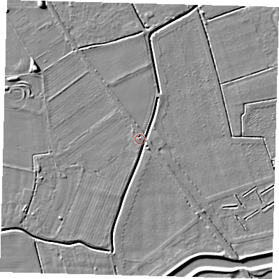 Shaded relief map of the ground around PE113PG, computed from Environment Agency LiDAR. The ground here sits at about 4 m above sea level and falls 7 m across the surrounding 800 m. Surface water reaching this point runs off ground lying to the south-east, 3.5 m higher.