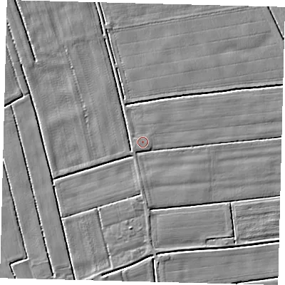 Shaded relief map of the ground around PE113QB, computed from Environment Agency LiDAR. The ground here sits at about 3 m above sea level and falls 3 m across the surrounding 800 m. The ground contributing surface water to this point lies to the east.