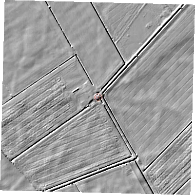 Shaded relief map of the ground around PE113QD, computed from Environment Agency LiDAR. The ground here sits at about 3 m above sea level and falls 4 m across the surrounding 800 m. Surface water reaching this point runs off ground lying to the north-north-east, 2.9 m higher.