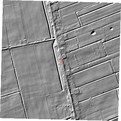 Shaded relief map of the ground around PE113QG, computed from Environment Agency LiDAR. The ground here sits at about 4 m above sea level and falls 4 m across the surrounding 800 m. Surface water reaching this point runs off ground lying to the north, 3.2 m higher.