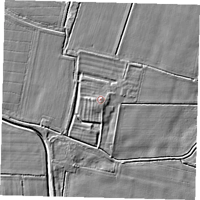 Shaded relief map of the ground around PE113QR, computed from Environment Agency LiDAR. The ground here sits at about 4 m above sea level and falls 5 m across the surrounding 800 m. Surface water reaching this point runs off ground lying to the south, 0.9 m higher.