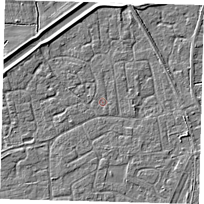 Shaded relief map of the ground around PE113QX, computed from Environment Agency LiDAR. The ground here sits at about 3 m above sea level and falls 4 m across the surrounding 800 m. The ground contributing surface water to this point lies to the south-south-east.