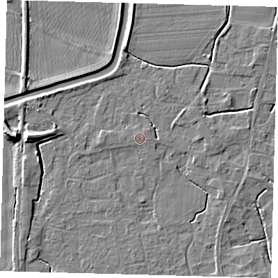 Shaded relief map of the ground around PE113RA, computed from Environment Agency LiDAR. The ground here sits at about 4 m above sea level and falls 8 m across the surrounding 800 m. The ground contributing surface water to this point lies to the east-north-east.