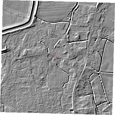 Shaded relief map of the ground around PE113RB, computed from Environment Agency LiDAR. The ground here sits at about 4 m above sea level and falls 5 m across the surrounding 800 m. Surface water reaching this point runs off ground lying to the west, 1.9 m higher.