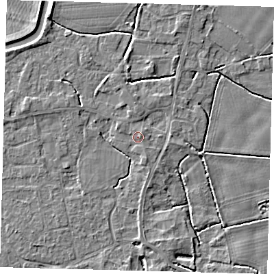 Shaded relief map of the ground around PE113RD, computed from Environment Agency LiDAR. The ground here sits at about 4 m above sea level and falls 4 m across the surrounding 800 m. Surface water reaching this point runs off ground lying to the east-north-east, 1.0 m higher.