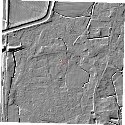 Shaded relief map of the ground around PE113RE, computed from Environment Agency LiDAR. The ground here sits at about 4 m above sea level and falls 9 m across the surrounding 800 m. The ground contributing surface water to this point lies to the north.