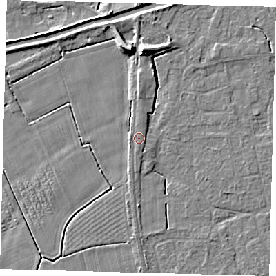 Shaded relief map of the ground around PE113RF, computed from Environment Agency LiDAR. The ground here sits at about 4 m above sea level and falls 8 m across the surrounding 800 m. Surface water reaching this point runs off ground lying to the north, 1.5 m higher.