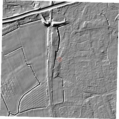 Shaded relief map of the ground around PE113RH, computed from Environment Agency LiDAR. The ground here sits at about 4 m above sea level and falls 8 m across the surrounding 800 m. Surface water reaching this point runs off ground lying to the north, 7.5 m higher.