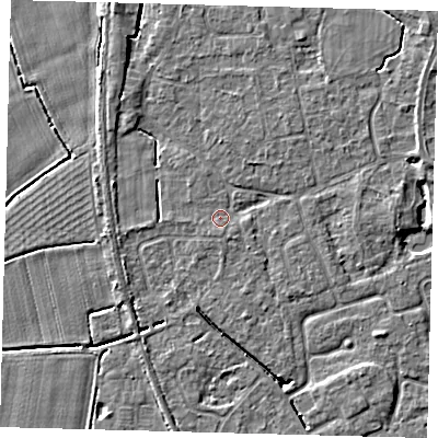 Shaded relief map of the ground around PE113RJ, computed from Environment Agency LiDAR. The ground here sits at about 4 m above sea level and falls 4 m across the surrounding 800 m. Surface water reaching this point runs off ground lying to the south-east, 1.4 m higher.