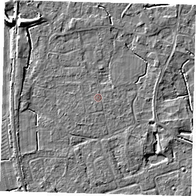Shaded relief map of the ground around PE113RP, computed from Environment Agency LiDAR. The ground here sits at about 4 m above sea level and falls 9 m across the surrounding 800 m. The ground contributing surface water to this point lies to the south-south-west.