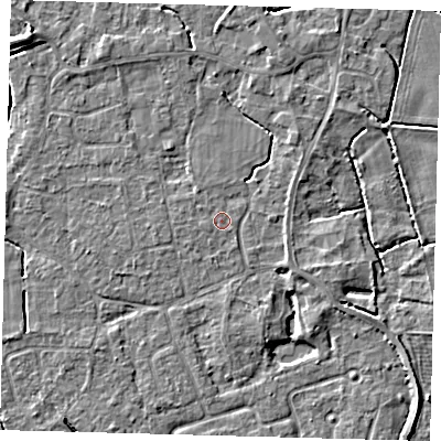 Shaded relief map of the ground around PE113RR, computed from Environment Agency LiDAR. The ground here sits at about 4 m above sea level and falls 6 m across the surrounding 800 m. The ground contributing surface water to this point lies to the west-north-west.
