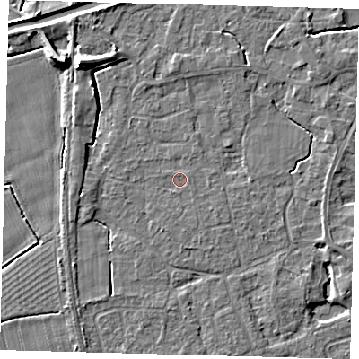 Shaded relief map of the ground around PE113RT, computed from Environment Agency LiDAR. The ground here sits at about 4 m above sea level and falls 8 m across the surrounding 800 m. Surface water reaching this point runs off ground lying to the south-east, 0.6 m higher.