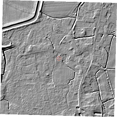 Shaded relief map of the ground around PE113RU, computed from Environment Agency LiDAR. The ground here sits at about 4 m above sea level and falls 7 m across the surrounding 800 m. Surface water reaching this point runs off ground lying to the west-north-west, 1.9 m higher.