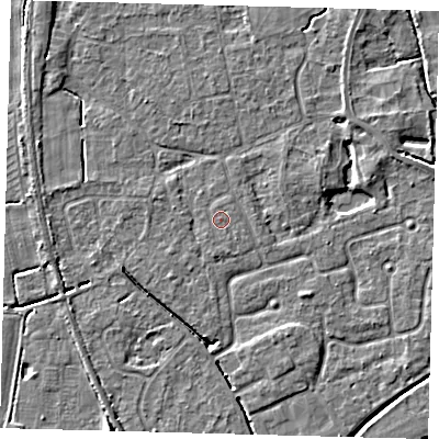 Shaded relief map of the ground around PE113RX, computed from Environment Agency LiDAR. The ground here sits at about 4 m above sea level and falls 5 m across the surrounding 800 m. The ground contributing surface water to this point lies to the south.