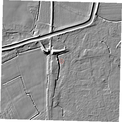 Shaded relief map of the ground around PE113RZ, computed from Environment Agency LiDAR. The ground here sits at about 4 m above sea level and falls 8 m across the surrounding 800 m. Surface water reaching this point runs off ground lying to the north-west, 7.5 m higher.