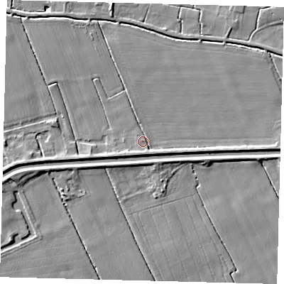 Shaded relief map of the ground around PE113SD, computed from Environment Agency LiDAR. The ground here sits at about 4 m above sea level and falls 5 m across the surrounding 800 m. Surface water reaching this point runs off ground lying to the east, 2.7 m higher.