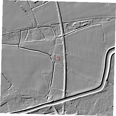 Shaded relief map of the ground around PE113ST, computed from Environment Agency LiDAR. The ground here sits at about 4 m above sea level and falls 8 m across the surrounding 800 m. Surface water reaching this point runs off ground lying to the south, 4.0 m higher.