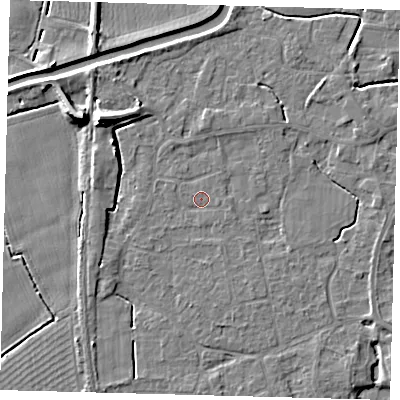 Shaded relief map of the ground around PE113TN, computed from Environment Agency LiDAR. The ground here sits at about 4 m above sea level and falls 8 m across the surrounding 800 m. Surface water reaching this point runs off ground lying to the north, 1.3 m higher.