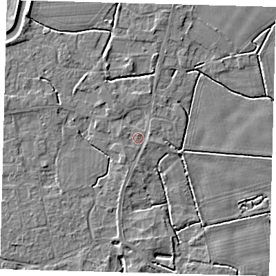 Shaded relief map of the ground around PE113UB, computed from Environment Agency LiDAR. The ground here sits at about 4 m above sea level and falls 4 m across the surrounding 800 m. Surface water reaching this point runs off ground lying to the west, 1.0 m higher.