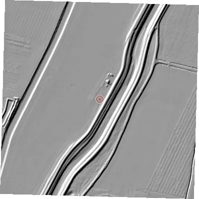 Shaded relief map of the ground around PE113UN, computed from Environment Agency LiDAR. The ground here sits at about 4 m above sea level and falls 9 m across the surrounding 800 m. Surface water reaching this point runs off ground lying to the east, 3.9 m higher.