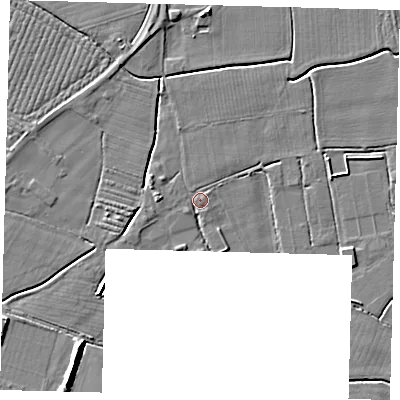 Shaded relief map of the ground around PE113UP, computed from Environment Agency LiDAR. The ground here sits at about 3 m above sea level and falls 6 m across the surrounding 800 m. Surface water reaching this point runs off ground lying to the west-north-west, 2.4 m higher.
