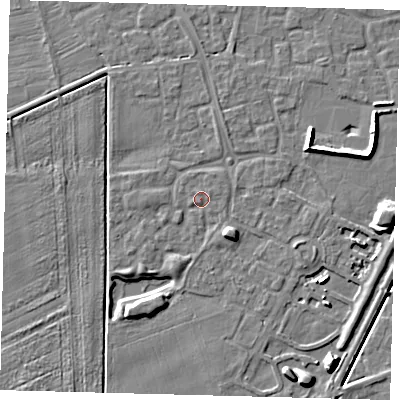 Shaded relief map of the ground around PE113WH, computed from Environment Agency LiDAR. The ground here sits at about 4 m above sea level and falls 10 m across the surrounding 800 m. Surface water reaching this point runs off ground lying to the south-east, 3.8 m higher.