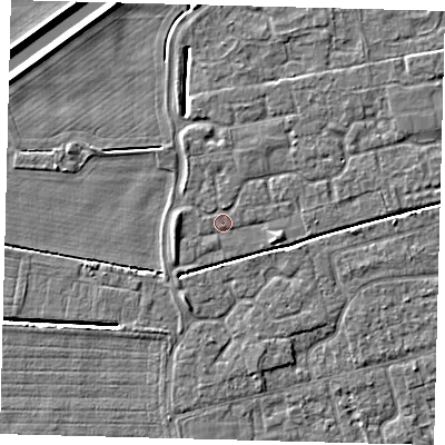 Shaded relief map of the ground around PE113WP, computed from Environment Agency LiDAR. The ground here sits at about 3 m above sea level and falls 5 m across the surrounding 800 m. Surface water reaching this point runs off ground lying to the west, 1.5 m higher.