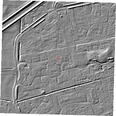 Shaded relief map of the ground around PE113WS, computed from Environment Agency LiDAR. The ground here sits at about 3 m above sea level and falls 6 m across the surrounding 800 m. The ground contributing surface water to this point lies to the east.
