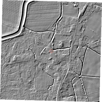 Shaded relief map of the ground around PE113XA, computed from Environment Agency LiDAR. The ground here sits at about 4 m above sea level and falls 4 m across the surrounding 800 m. Surface water reaching this point runs off ground lying to the north-north-east, 2.4 m higher.