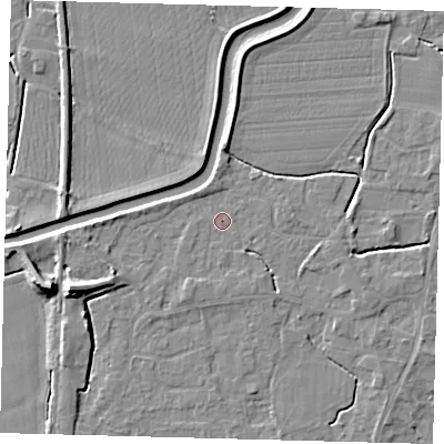 Shaded relief map of the ground around PE113XF, computed from Environment Agency LiDAR. The ground here sits at about 4 m above sea level and falls 9 m across the surrounding 800 m. Surface water reaching this point runs off ground lying to the south-south-west, 0.9 m higher.