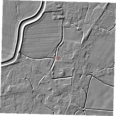 Shaded relief map of the ground around PE113XG, computed from Environment Agency LiDAR. The ground here sits at about 4 m above sea level and falls 4 m across the surrounding 800 m. Surface water reaching this point runs off ground lying to the south-south-west, 2.6 m higher.