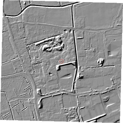 Shaded relief map of the ground around PE113XH, computed from Environment Agency LiDAR. The ground here sits at about 4 m above sea level and falls 7 m across the surrounding 800 m. Surface water reaching this point runs off ground lying to the east, 3.1 m higher.