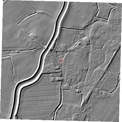 Shaded relief map of the ground around PE113XJ, computed from Environment Agency LiDAR. The ground here sits at about 4 m above sea level and falls 3 m across the surrounding 800 m. Surface water reaching this point runs off ground lying to the north-west, 2.4 m higher.