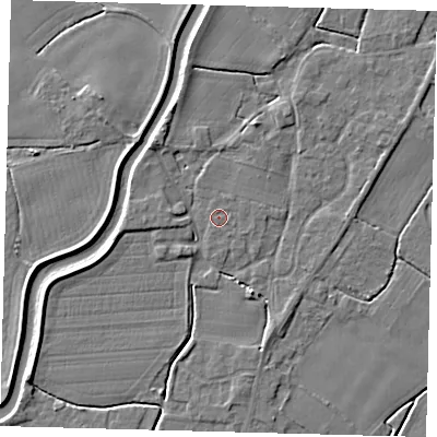 Shaded relief map of the ground around PE113XL, computed from Environment Agency LiDAR. The ground here sits at about 4 m above sea level and falls 4 m across the surrounding 800 m. The ground contributing surface water to this point lies to the north-east.