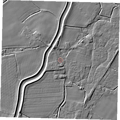 Shaded relief map of the ground around PE113XQ, computed from Environment Agency LiDAR. The ground here sits at about 4 m above sea level and falls 3 m across the surrounding 800 m. Surface water reaching this point runs off ground lying to the south, 1.3 m higher.