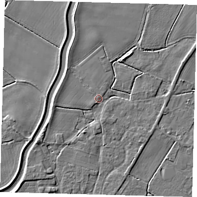 Shaded relief map of the ground around PE113XS, computed from Environment Agency LiDAR. The ground here sits at about 4 m above sea level and falls 4 m across the surrounding 800 m. Surface water reaching this point runs off ground lying to the west-south-west, 3.2 m higher.