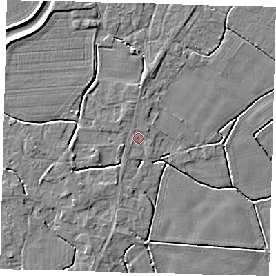 Shaded relief map of the ground around PE113YD, computed from Environment Agency LiDAR. The ground here sits at about 4 m above sea level and falls 4 m across the surrounding 800 m. Surface water reaching this point runs off ground lying to the north-north-west, 0.5 m higher.